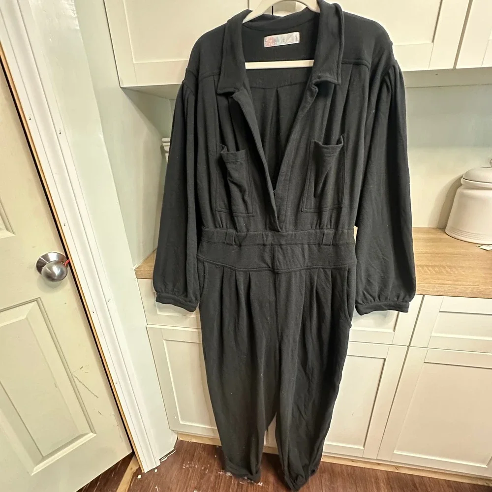Free People Beach Faye Jumpsuit Womens L Black Long Sleeve Utility Relaxed Boho - Picture 2 of 16